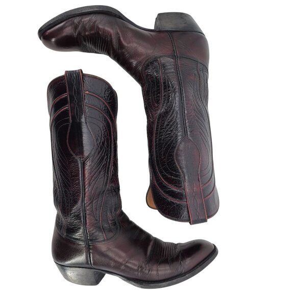 Vintage Lucchese Mens 9.5D Black Cherry Burgundy Leather Cowboy Western Boots - Picture 9 of 16